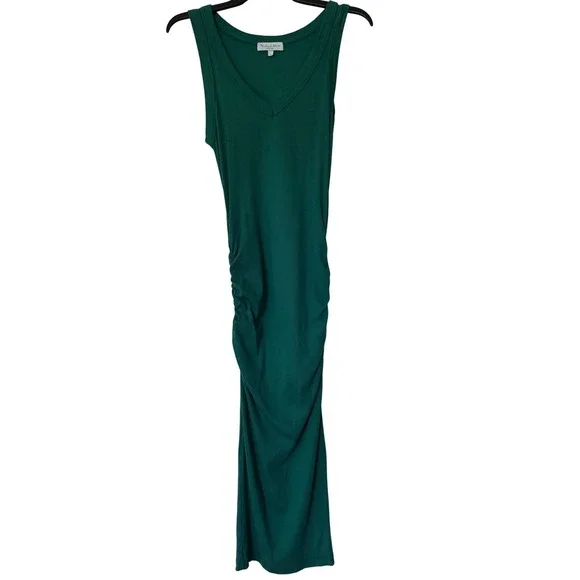 Michael Stars Green Ribbed Ruched V Neck Sleeveless Maxi Dress Size Small - Picture 1 of 8